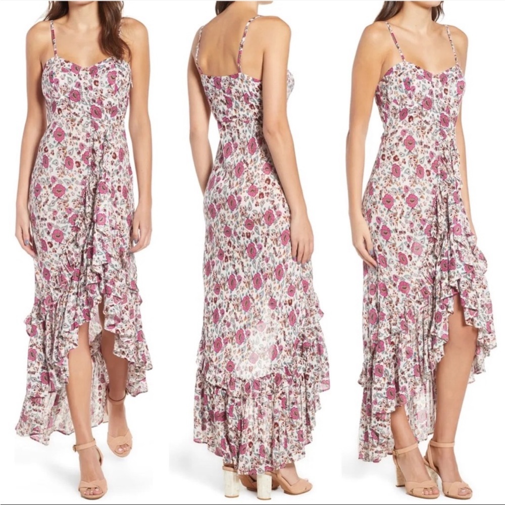 Anthropologie RAGA Summer Bloom Pink Red Cream Floral Ruffle High-Low Dress XS